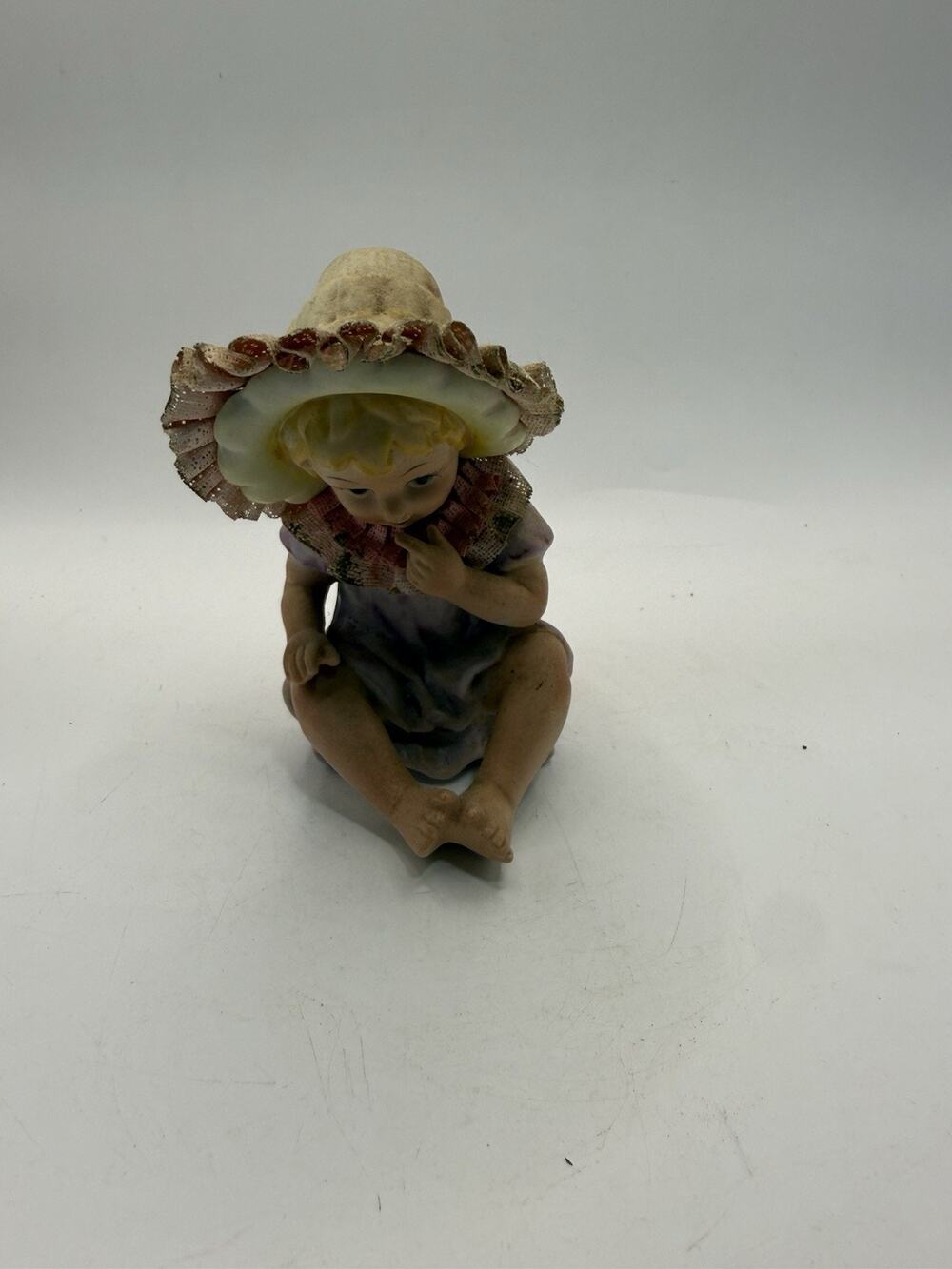 Vintage Bisque Porcelain Seated Girl Figurine Fabric Bonnet Lace 4.5โ *